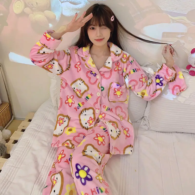 New Sanrio Hello Kitty Pajamas Kawaii Winter Women Sleepwear Fashion Cute Loungewear Cartoon Cat Warm Home Suit Y2k Nightgowns