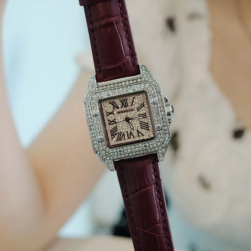 Mobangtuo Women Quartz Watch Square Case Diamond Orologio with Roman Numeral Number Dial Luxury Clock Ladies Vintage Wristwatch