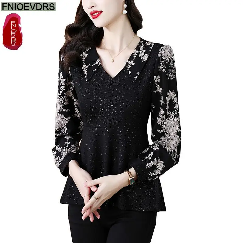 Loose Clothes Women 2024 Autumn Elegant Office Lady Button Shirts Casual Retro Vintage Ruffles Tunic Black Peplum Tops Blouses