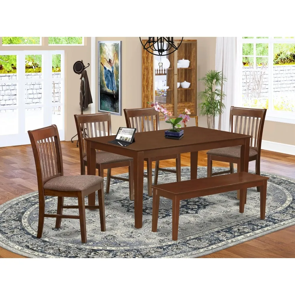 

6 Piece Modern Dining Table Set Contains a Rectangle Wooden Table and 4 Linen Fabric Upholstered Chairs with a Bench