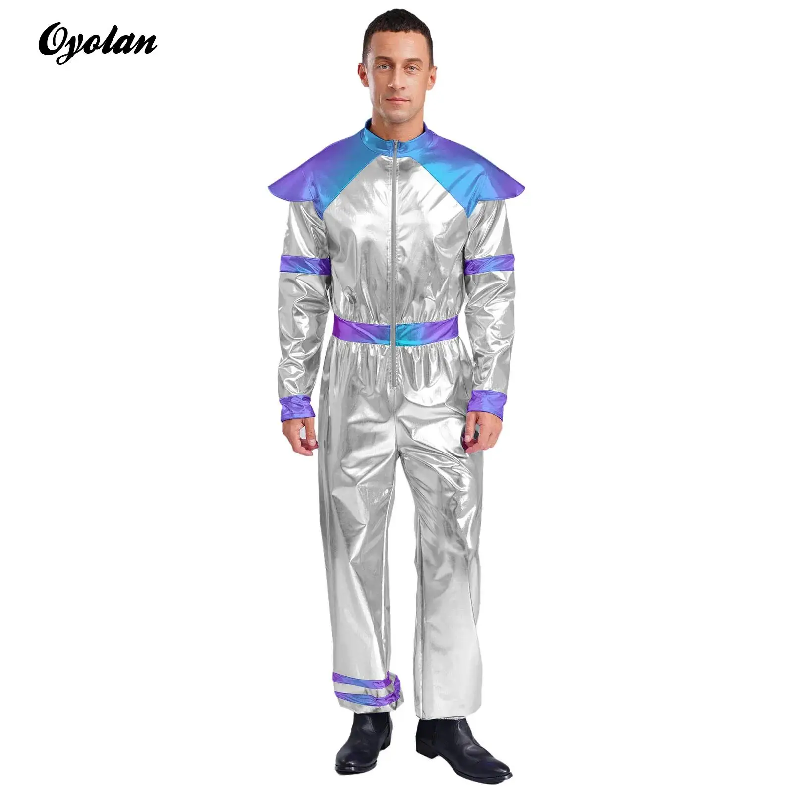 

Mens Astronaut Pilots Uniform Retro Space Alien Halloween Cosplay Costume Long Sleeves Jumpsuit Shiny Metallic Robot Outfits
