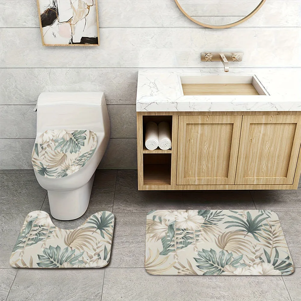 

3-Piece Tropical Hibiscus Leaf Bathroom Set - Polyester Fabric, Machine Washable, U-Shaped Mat, Toilet Seat Cover, Non-Slip Mat