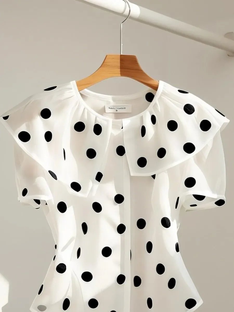 Korean Elegant Red Polka Dot Shirts for Women Office Lady Tops Summer French Fashion Ladies Tops Short Sleeve Blouse for Women
