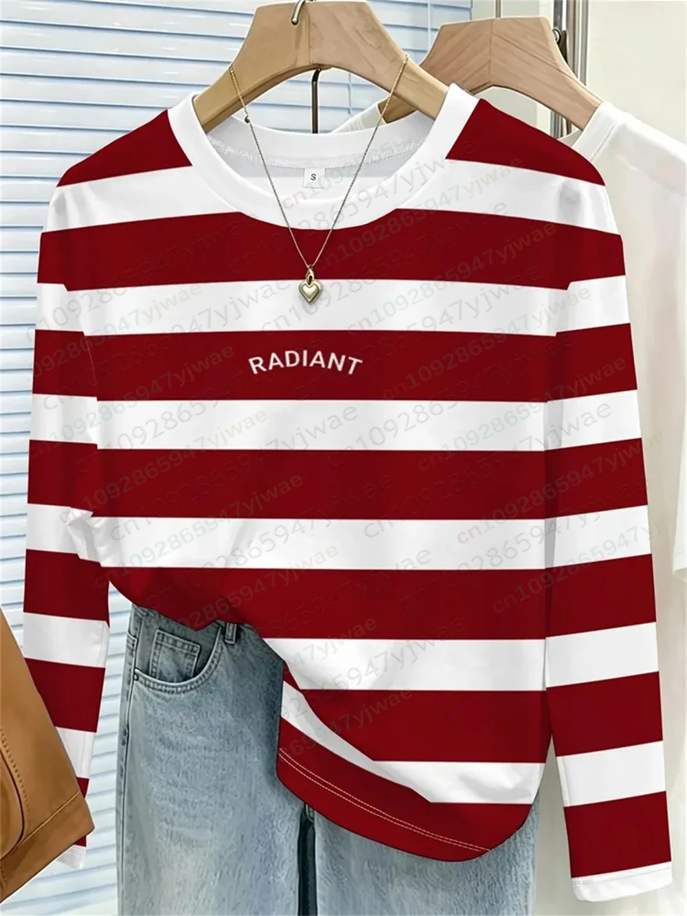 Herbstliches Damen-T-Shirt mit Herzmuster und Schleife, gestreift, lässig, langärmelig, Rundhalsausschnitt, locker geschnitten, atmungsaktiv, hochwertiges, vielseitiges T-Shirt – Detail 11