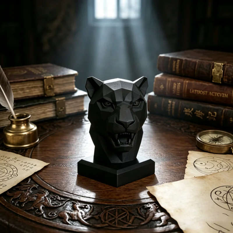 Geometric Polygon Panther Head Figurine,Low Poly Black White Leopard Bust Statue For Desk Shelf Indoor Tabletop Decor,3D Print