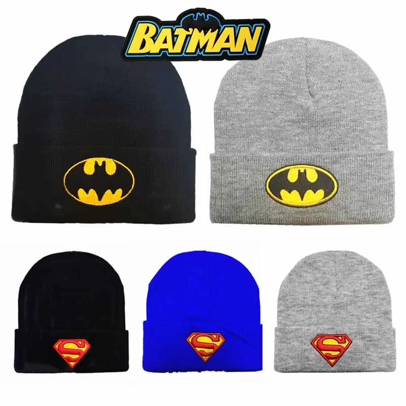 Batman Knitted Hat Cartoon Pattern Embroidery Beanies Cap Autumn Winter Fashion Warm Wool Hat Cold Hat Men and Women Couple Hats