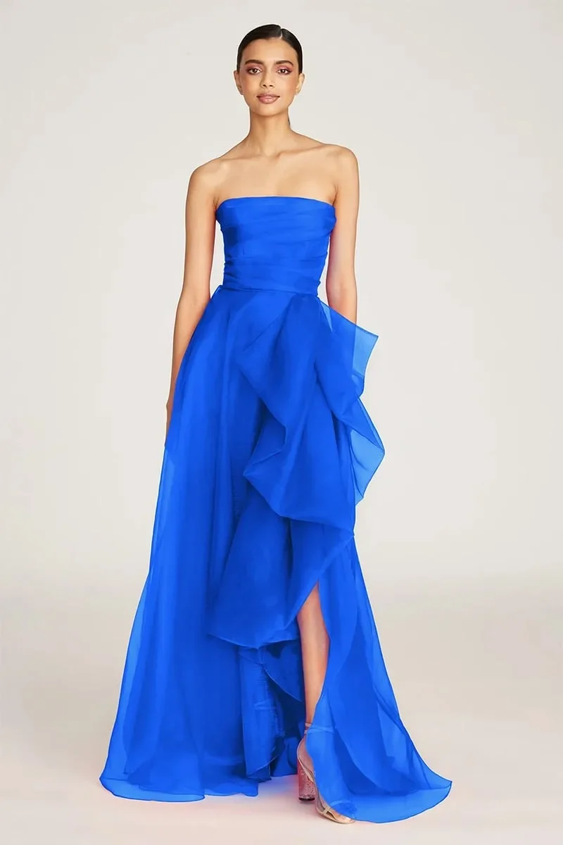 Navy Blue Organza فساتين السهرة Sexy Side Split Sleeveless Vestidos De Noche Strapless A-line Prom Dress Customized