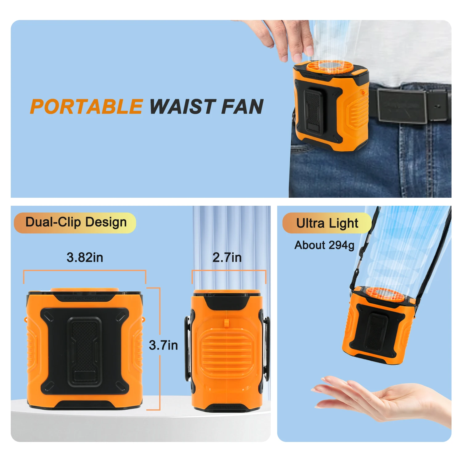 Kipas Leher Dapat Dipakai USB 4000MAh, Kipas Klip Pinggang Portabel Dapat Diisi Ulang untuk Mendaki, Memancing, Berkemah, Siaga Super Panjang & Co Kuat