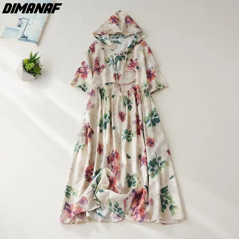 

Dimanaf Women 2024 Summer Style Dress Linen Elegant Floral Long Dress Hat Oversize Plus Size Belt Loose Dress