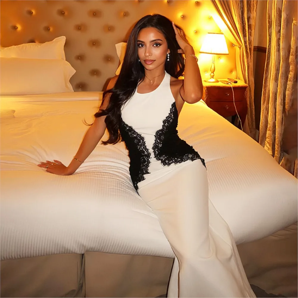 

2026 Temperament Dresses For Ladies Dress For Wedding Vestidos Woman Elegant French Slim Hollow Out Lace Patchwork Neck Halter