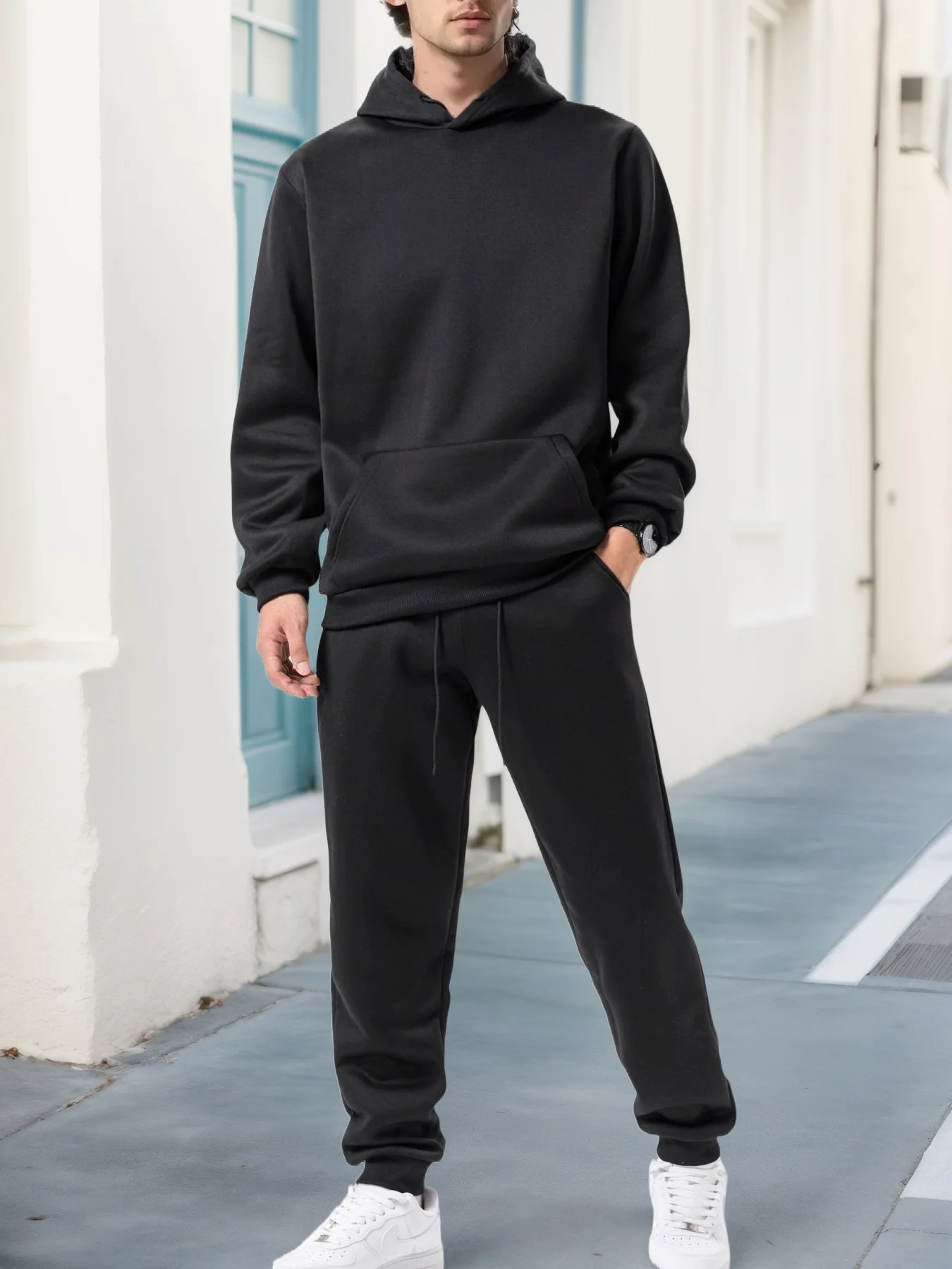 Felpa con cappuccio tinta unita autunno e inverno da uomo + pantaloni da jogging Set da due pezzi Tuta da uomo per abbigliamento sportivo casual all'aperto alla moda
