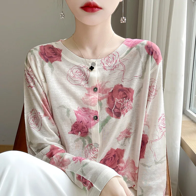 Spring And Summer New Lyocell Water-Soluble Wool Blended Round Neck Knit Cardigan Long Sleeve Feminine Sweater Printed Top