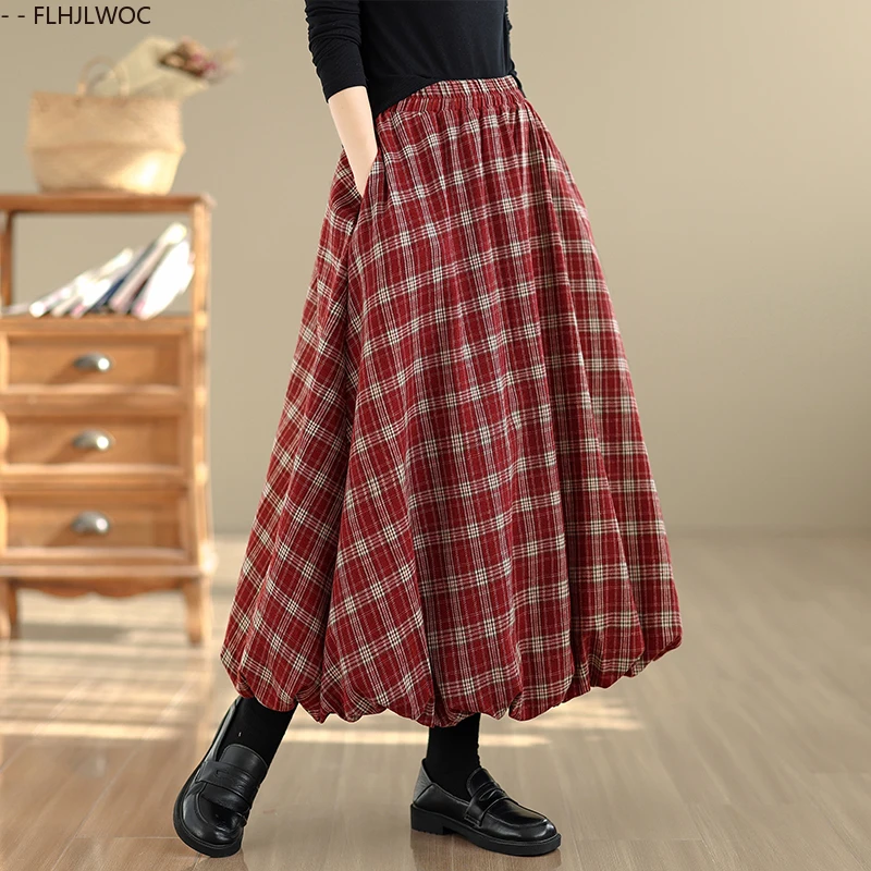 FLHJLWOC Cotton Retro Vintage Red Plaid Skirts 2026 Woman Spring Autumn Woman Japan Style Casual Elastic Waist A Line Long Skirt