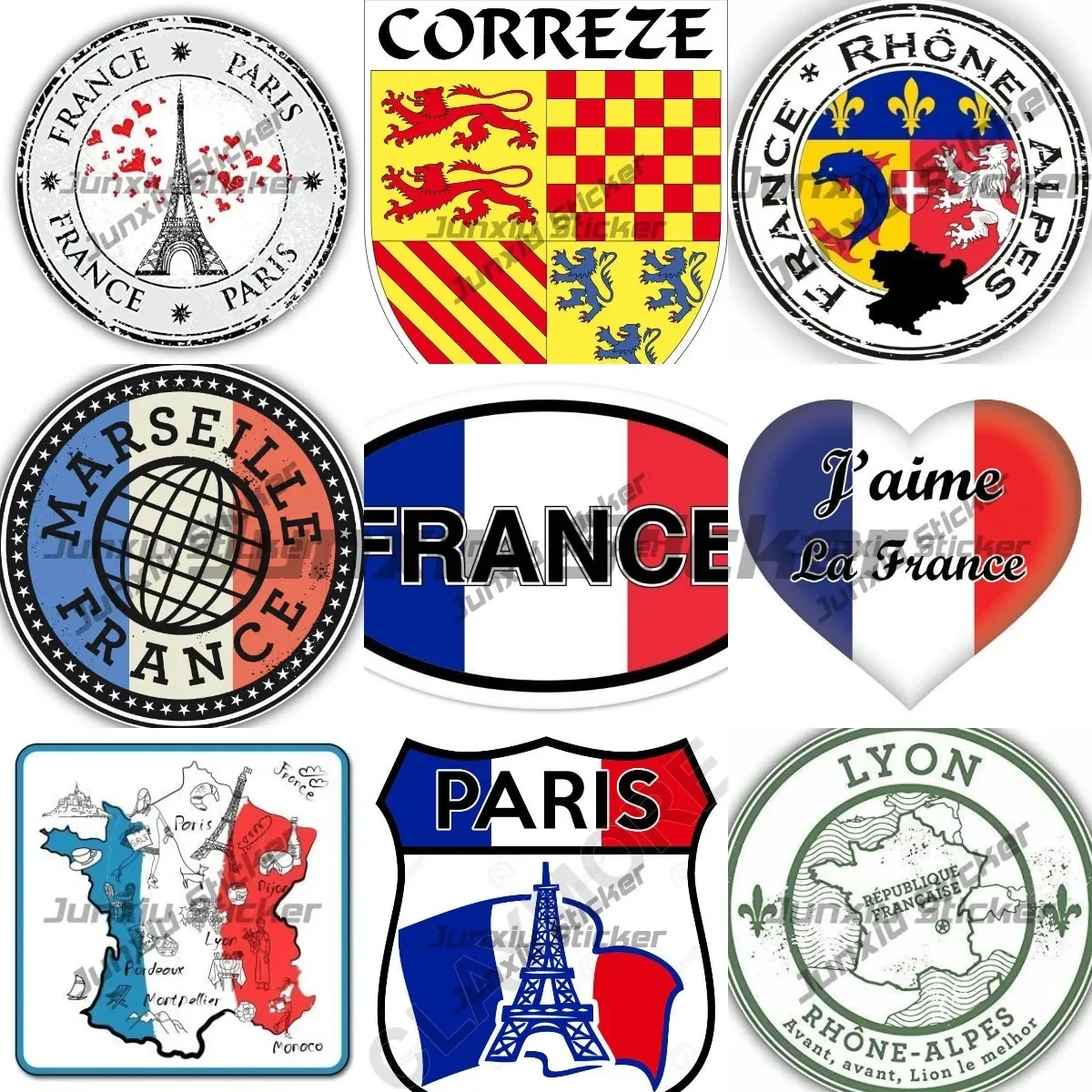 PARIS French Eiffel Tower Decals Aquitaine Rhône-Alpes France Seal Sticker Round Flag Decals French Map Tourism Cities France