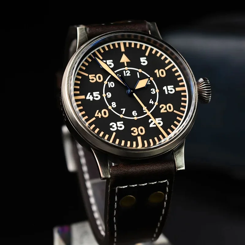Hruodland 42mm Retro Automatic Men Pilot Watches Sapphire Glass PT5000 SW200 10ATM Mechanical Two Color Lumminous Wristwatch