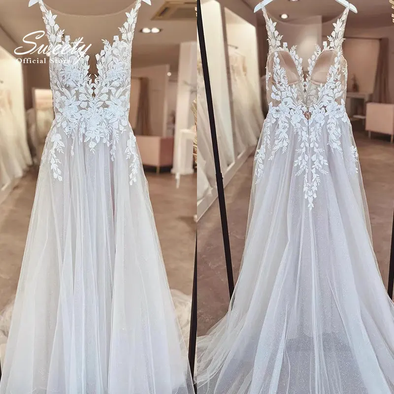 

Simple Wedding Dress Chiffon A-line Floor Length V-neck Bride Dress Appliques Sleeveless Slit A Line Button Robes De Mariée