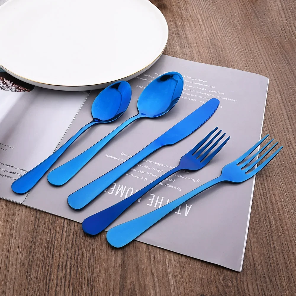 Blue 4People Dinnerware Stainless Steel Tableware Dessert Fork Spoon Knife Dinner Set Kitchen Mirror Cutlery Set Silverware