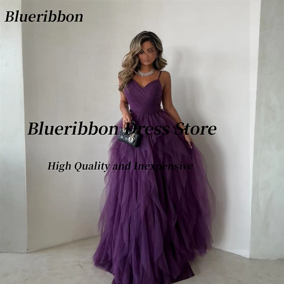 

Blueribbon Purple Tulle Prom Dresses Sexy V Backless Wedding Party Bride Wear Spaghetti Sweetheart Ruffle Formal Evening Gowns