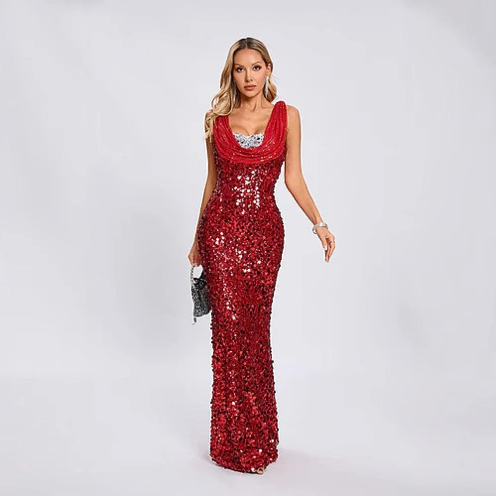 

2025 Women Celebrity Sexy Sleeveless Sparkly Sequins Red Maxi Long Gowns Dress Elegant Evening Party Club Dress Vestido