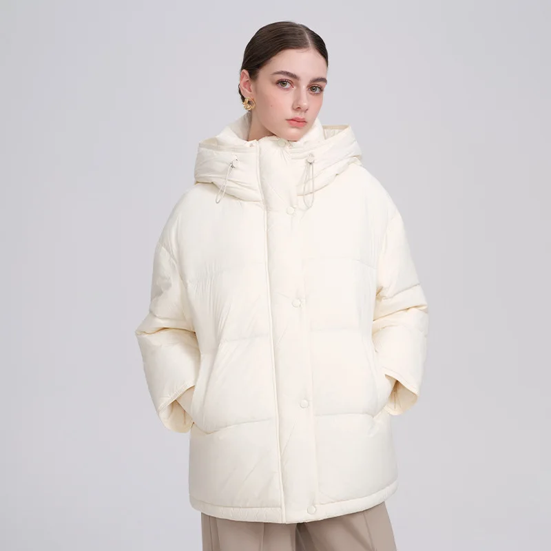 

Hooded Long Sleeve Solid Down Coats Women Parkas Down Jacket Covered Button Outerwear Windbreaker Pockets High Street Winter