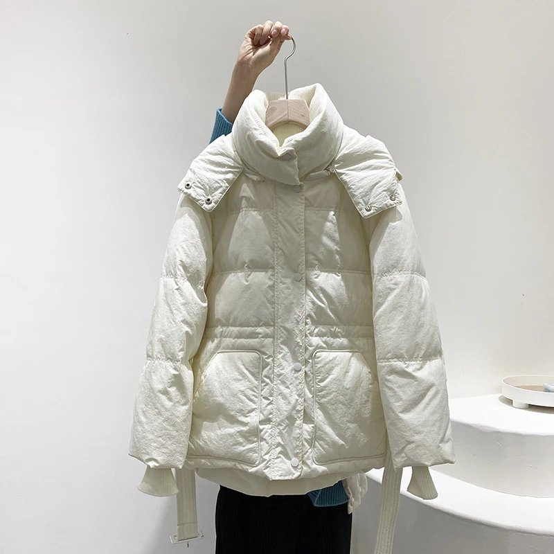 Fashion Women Down Coat New Loose All-Match Thicken Hooded Puffer Jacket with Belt Chic Female White Duck Down Outerwear