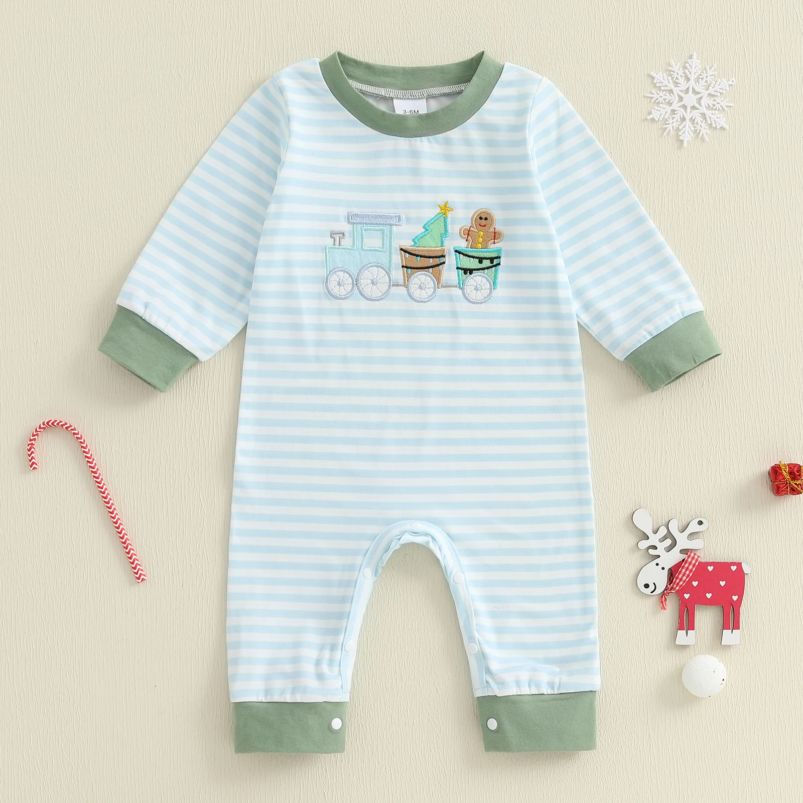 

Baby Boy Romper Embroidered Striped Crew Neck Long Sleeve Infant Jumpsuit for Christmas & Daily Life