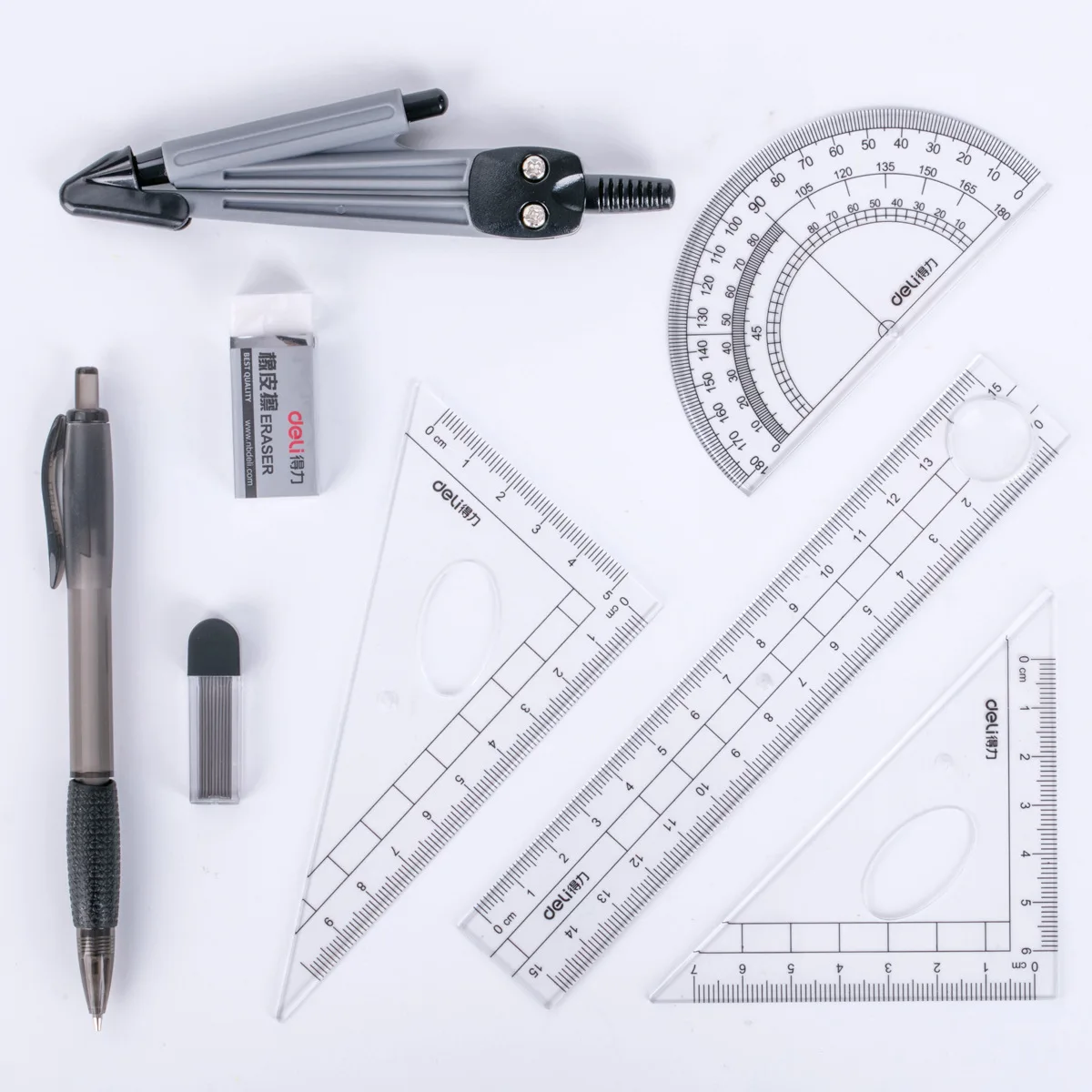Deli Maths Set Mathematical Set Compass Ruler Triangle Earaser Mechanical Pencil Refills Protractor Stationery for School Office
