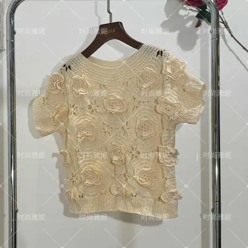 Fashion Crocheted Hollow-out Short Sleeves Summer Niche Outerwear Top Vintage Flower T-shirt Unique Design Pullovers Streetwear