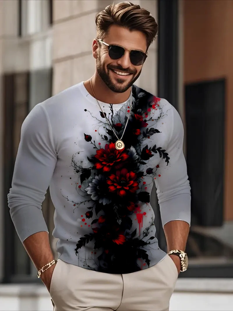

3D Print Rose Flower Pattern Men's T-Shirt Fashion Loose Round Neck Long Sleeve Tees Outdoor Daily Casual Autumn Comfortable Top