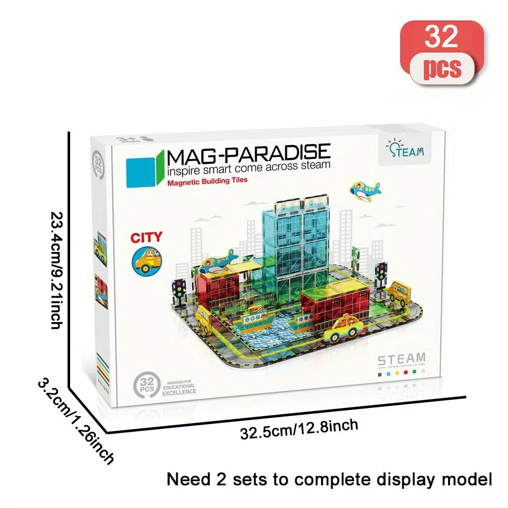 ตัวต่อแม่เหล็กเมือง DIY 32 ชิ้น - ของเล่น STEM ขนาดใหญ่ MOC ของเล่นแม่เหล็กสร้างสรรค์ ของเล่นแม่เหล็กเสริมพัฒนาการเด็ก ของขวัญ