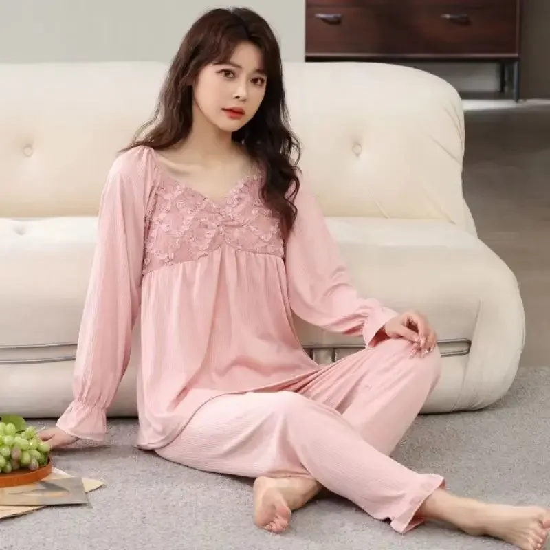 Korean version Pajamas female Spring and Autumn Long sleeve Lace thin Ms. sweet Can be worn outside A loungewear set