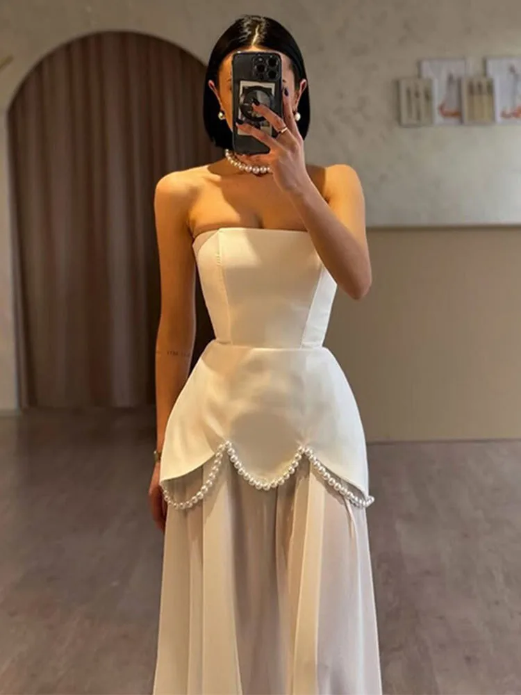 Sukienka damska letnia, prosta, bez ramiączek, z siateczkowymi wstawkami, długa, na wesele, elegancka, seksowna, na bankiet, bez rękawów.