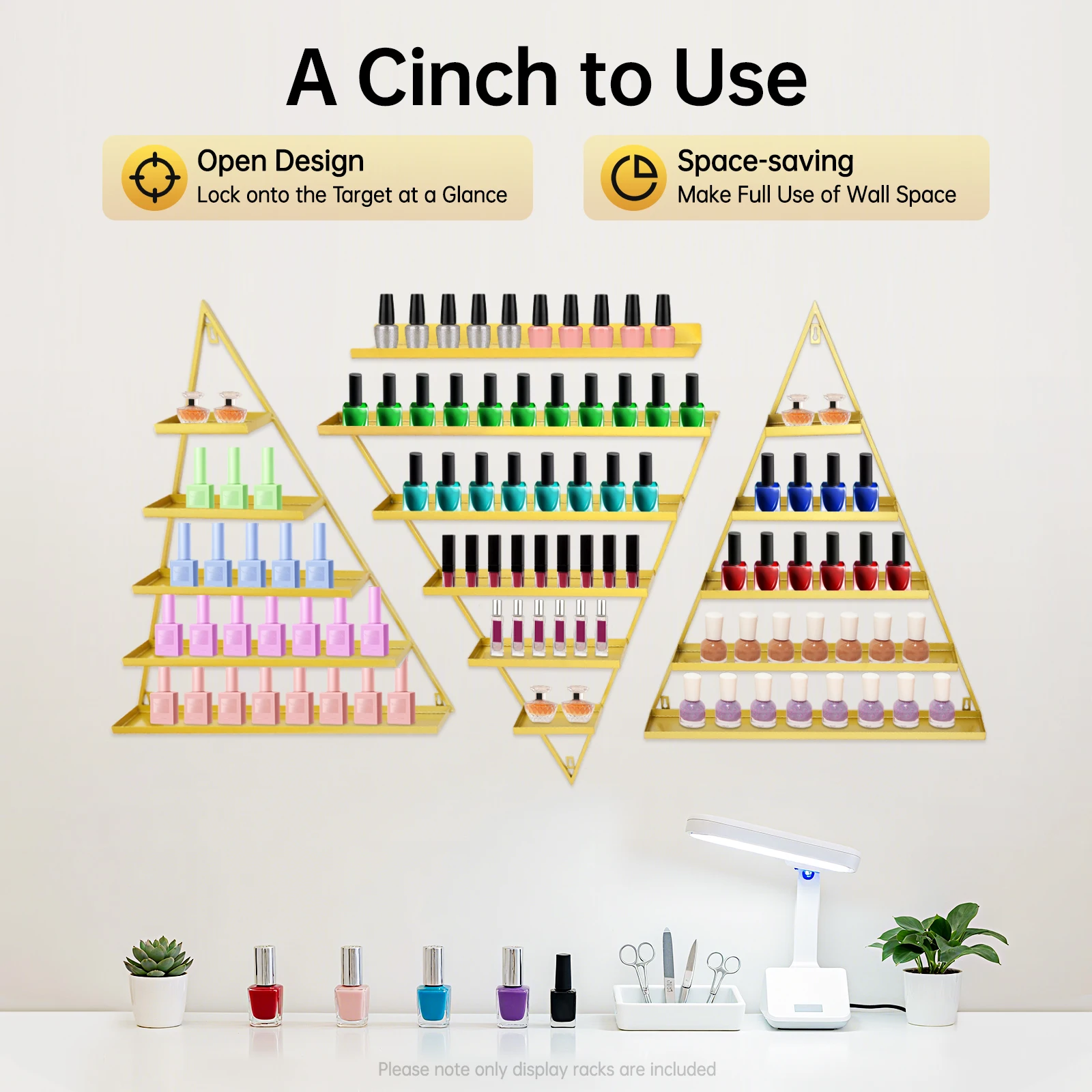 

5-Tier Wall Mounted Nail Polish Display Rack, 3 Pcs Triangular Floating Shelf Set with 3 Crossbars, Metal Rack for Salon Store