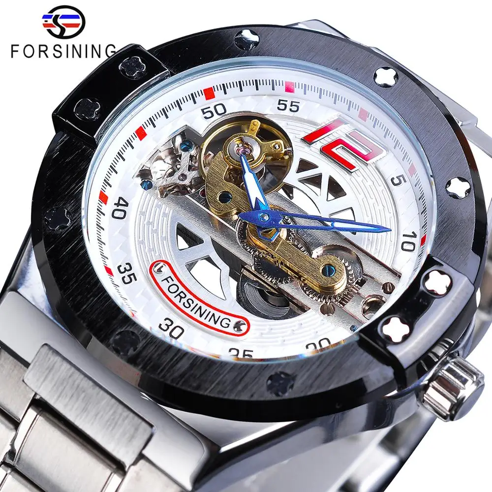 

Forsining Brand Transparent Automatic Men Golden Bridge Mechanical Black Stainless Steel Band Skeleton Watches Relogio Masculino