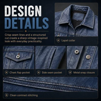 Men's Motorcycle Leather Jacket Light Blue Ami Khaki Retro Graphite Distressed Denim Genuine Leather Jacket Slim Short Jacket 3