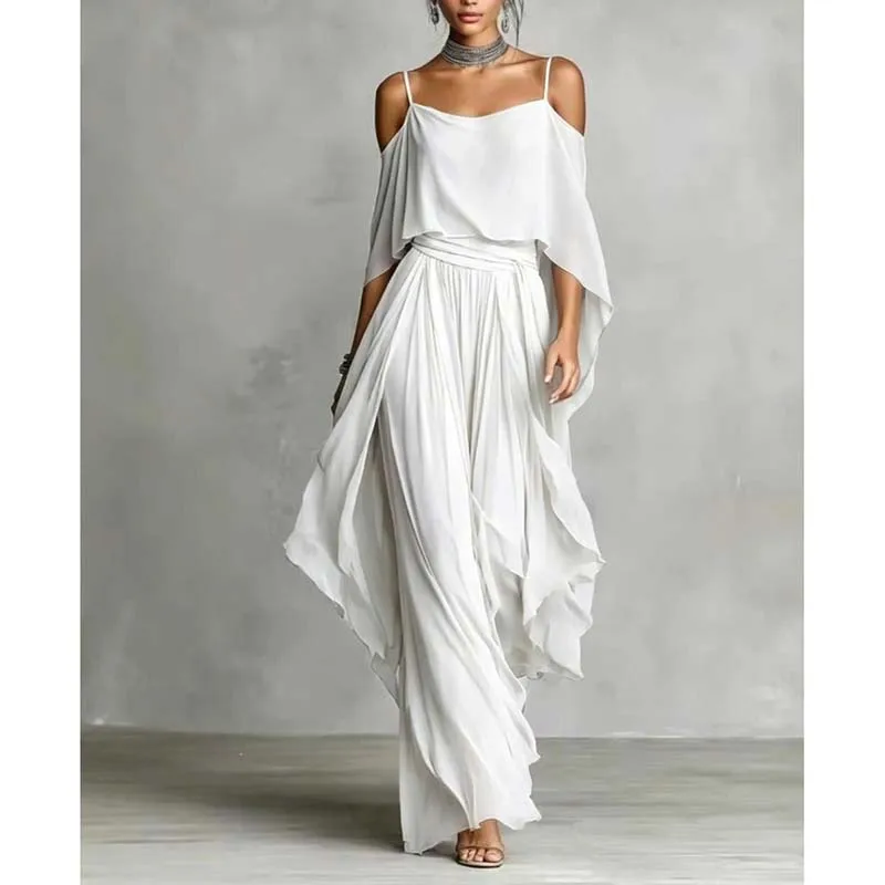 

Elegant Off Shoulder Sling Tops Long Pant Set Summer Women Casual Hollow Sleeve Solid 2Pc Suits Fashion Draped Party Suits