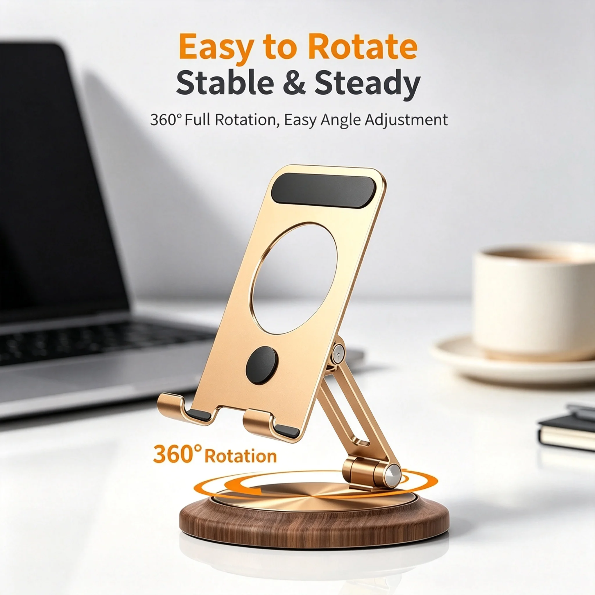 360 Degree Rotating Tablet Stand Wooden Base Aluminum Foldable Multi-Angle Adjustable Desktop Holder For Drawing Office Live