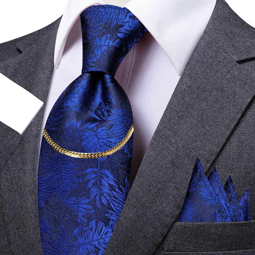 Fashion Classic Neckties for Men Royalblue Woven Floral Striped Tie Pocket Square Cufflinks with Decorative Chain Set
