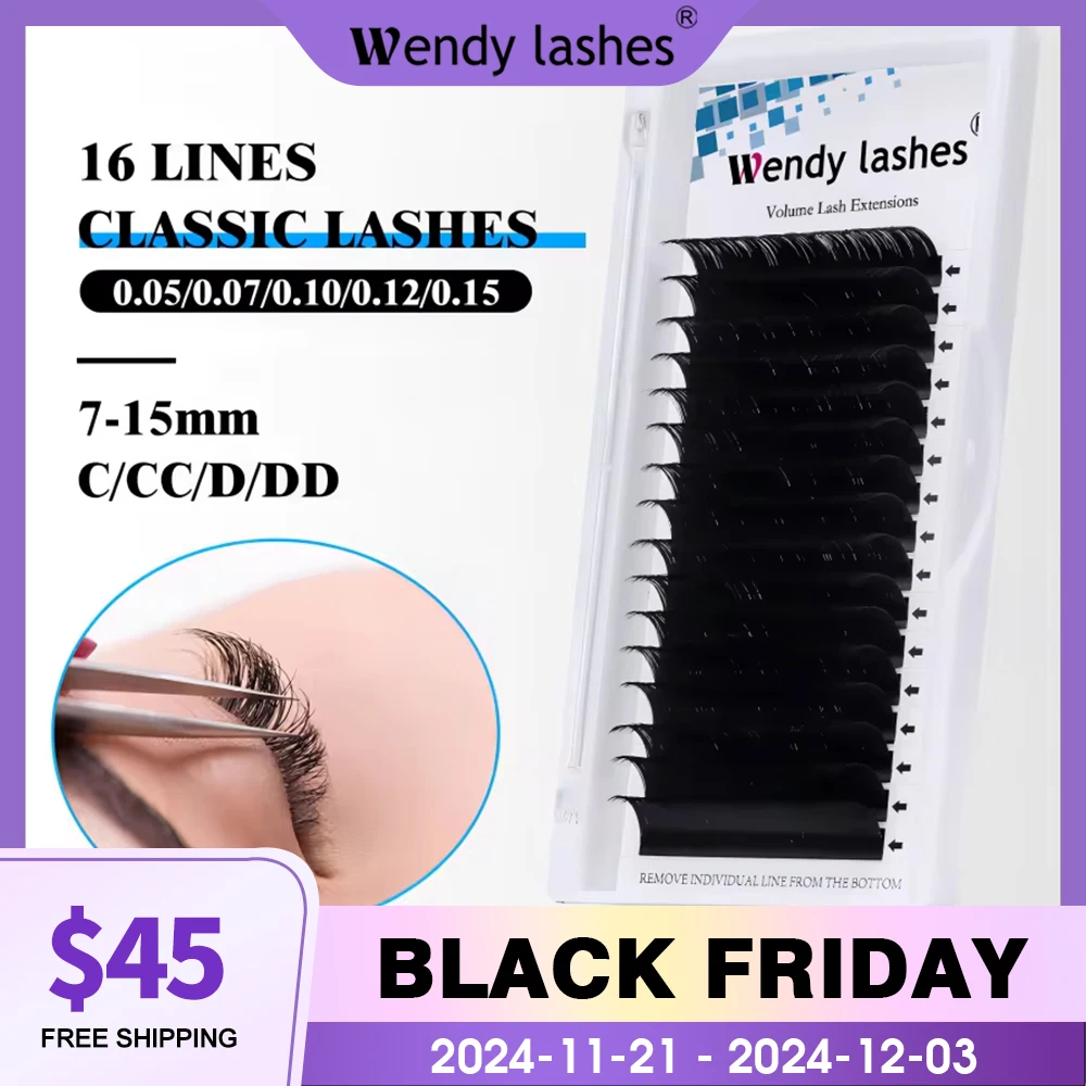 Wendy Lashes 16Lines Individual Lash Extension DD Curl Natural Faux Eyelash Extensions Soft Dark Black Matte For Professionals