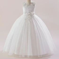 Girls' flower sequins sleeveless embroidery temperament dress 4-14 years old children's embroidered bow tulle long dress