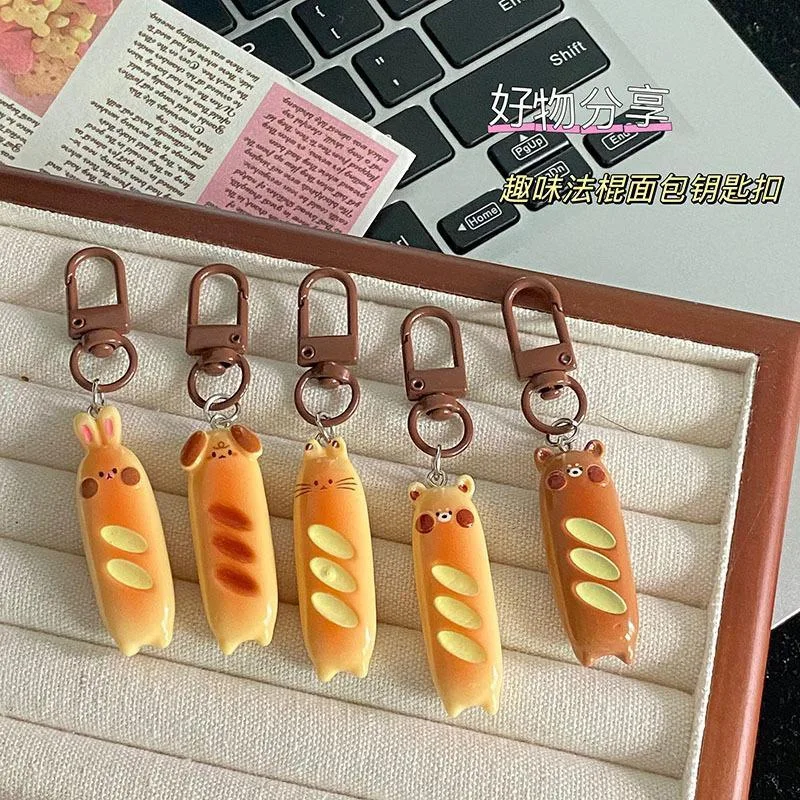 Cartoon Baguette Simulation Food Keychain Car Key Ring Accessories Funny Little Bear Little Rabbit Bag Pendant Decoration