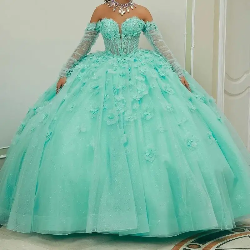 Mint Green Shiny Quinceanera Dresses Glitter Appliques Flower Beads Tull Party Birthday Gown Vestidos De 15 Quinceañera