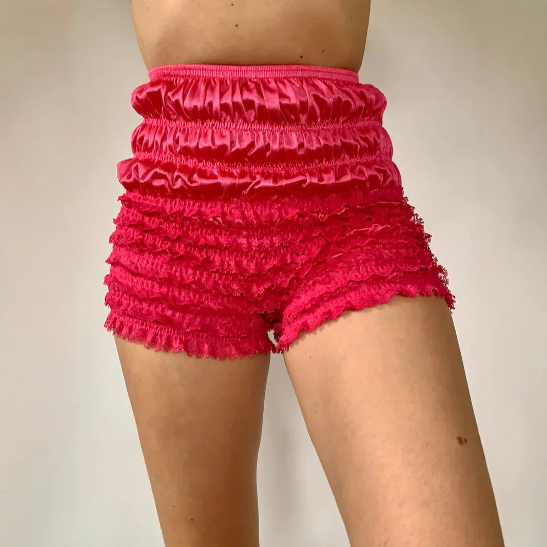 Pink Satin Lace Multi Layer Ruffle Shorts Elastic High Waist Mini Frill Hot Pants Sleep Lingerie Casual Bottoms Shorts 0VW2 - view 3