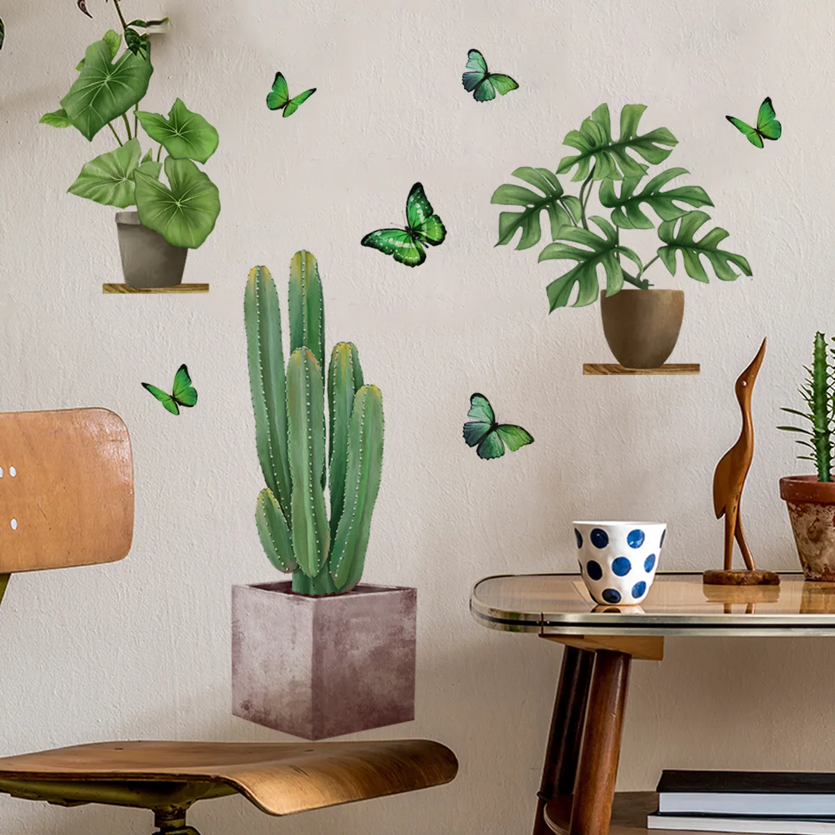 30*90cm Green Plant Cactus Butterfly Wall Sticker Children's Room Background Wall Living Room Bedroom Decoration Wall Sticker