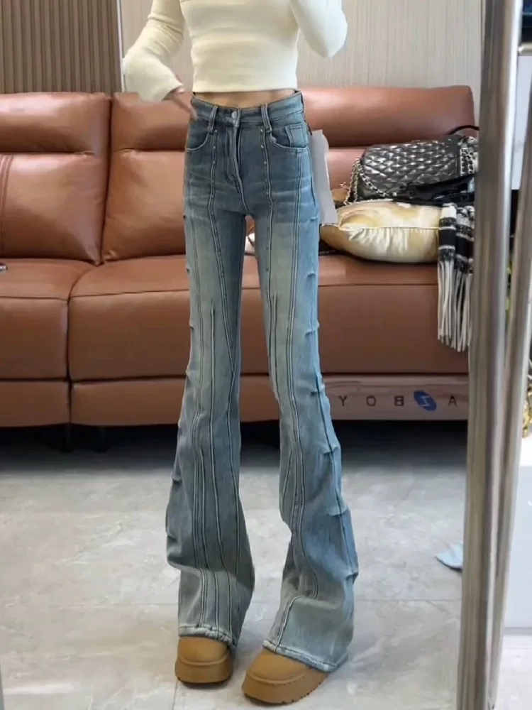 Studded Pleated Flared Jeans Women 2025 Fall High Waist Stretch Bell Bottoms Heavy Duty Design Y2K Vintage Denim Pants