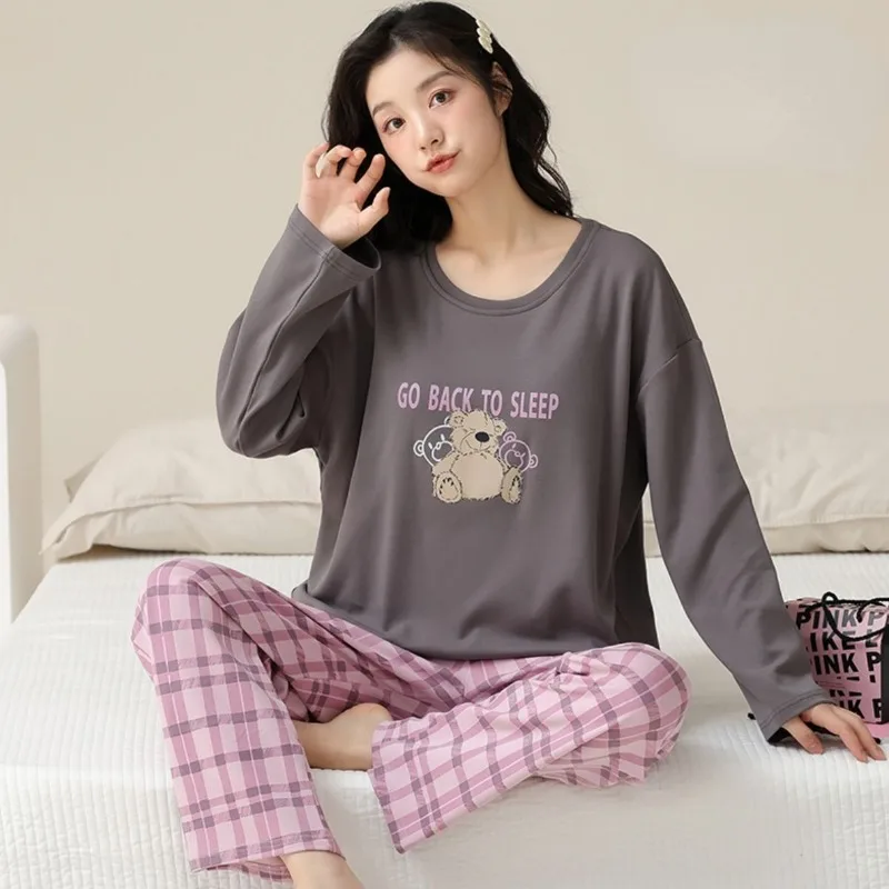 2024 New Cotton Pajamas Chest Pads Women Spring Autumn Loungewear Long Sleeve Trousers Sleepwear Loose Casual Pullover Homewear