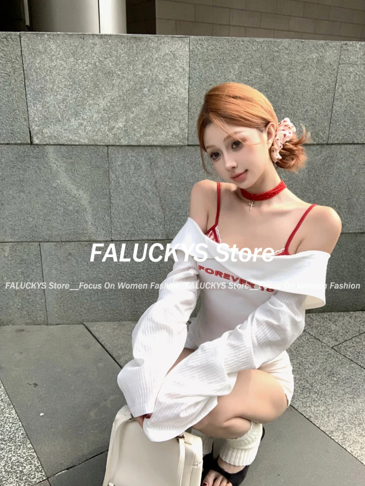 Autumn Streetwear Off-shoulder Letter Embroidery Sexy White Shirt Women + Casual Plaid Camisole Hot Girls Two Piece Set 2024 New