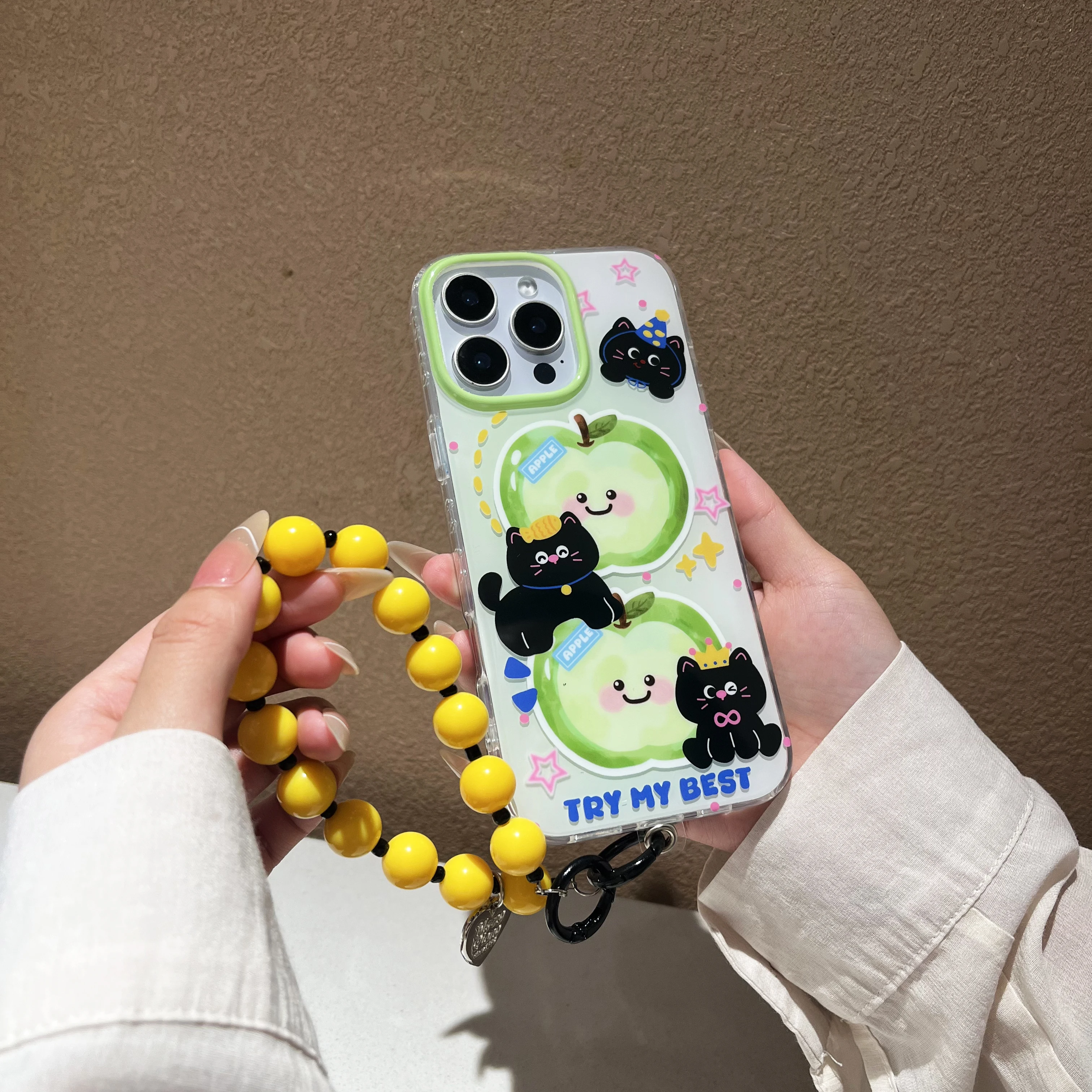 

Super Cute INS Style For Little Cat Green Apple Comfortable Case For iPhone16 13 14 15 Pro Max Creative Fun Cartoon Anti-Slip