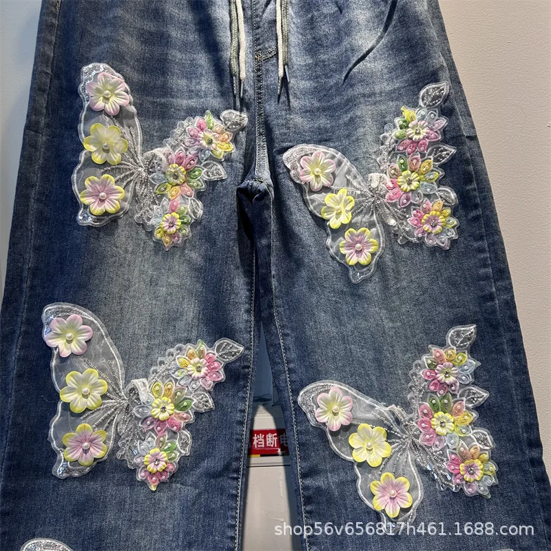 Fashion Embroidery Butterfly Beads Wide Leg Jeans Women New Spring Summer All-match Elastic Waist Casual Straight Denim Pants