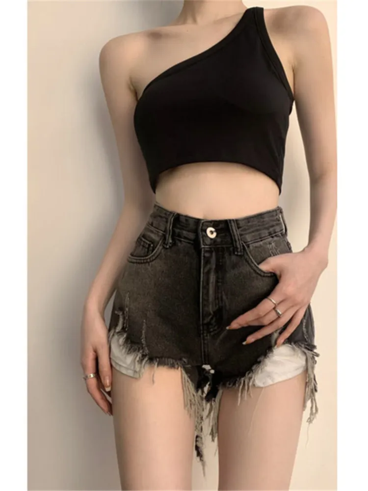 

High Waist Denim Shorts Women 2024 Summer New Pocket Tassel Hole Ripped Jeans Short Female Thin Washed Raw Edge Short Pants